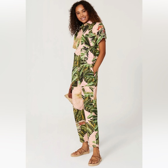 FARM Rio Pants - Farm Rio Green Pink Amazonia Forest Utlitary Jumpsuit LARGE